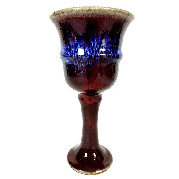 Hand Crafted Pottery Wine Glass 7.5" Brown Bright Blue Glaze-Excellent! - Picture 2 of 7